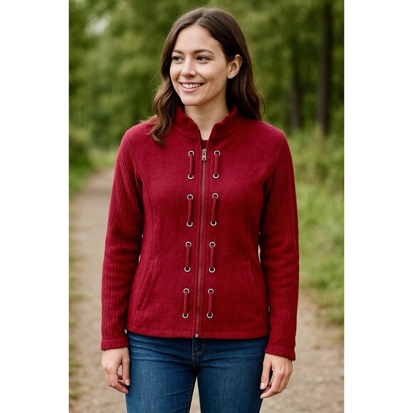 Women’s Red Wool Sweater Jacket Zip Up Grommet Cord Detail Artsy Lagenlook XL - Picture 2 of 9